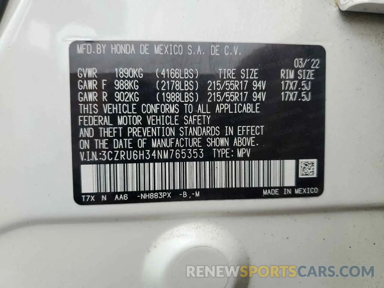 12 Photograph of a damaged car 3CZRU6H34NM765353 HONDA HR-V 2022