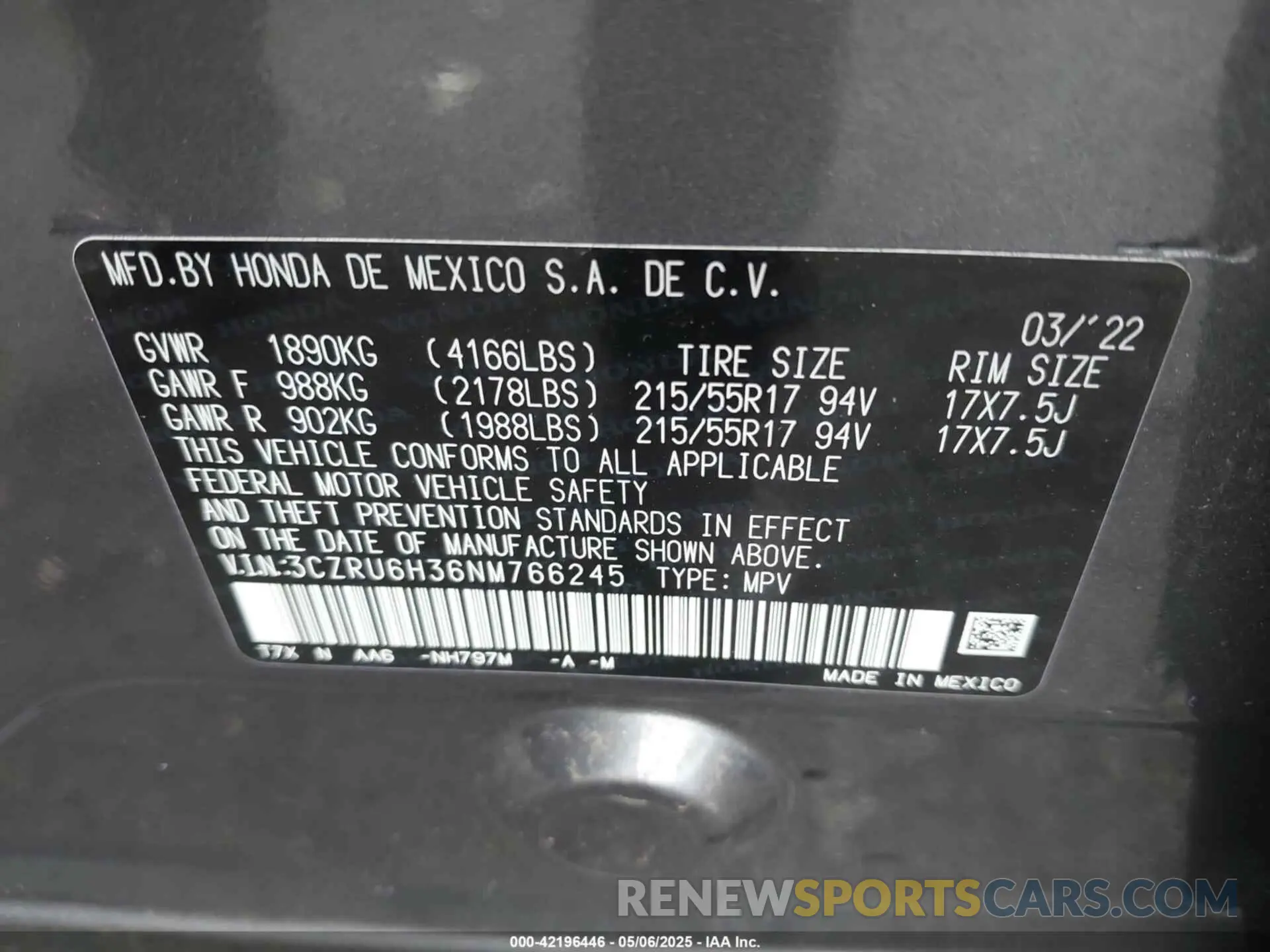 9 Photograph of a damaged car 3CZRU6H36NM766245 HONDA HR-V 2022