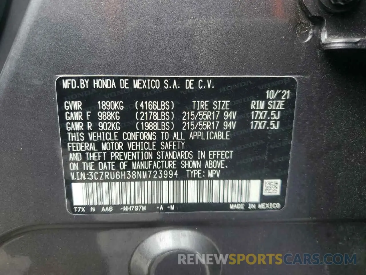 14 Photograph of a damaged car 3CZRU6H38NM723994 HONDA HR-V 2022