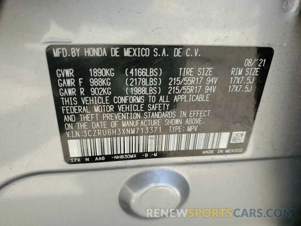 13 Photograph of a damaged car 3CZRU6H3XNM713371 HONDA HR-V 2022
