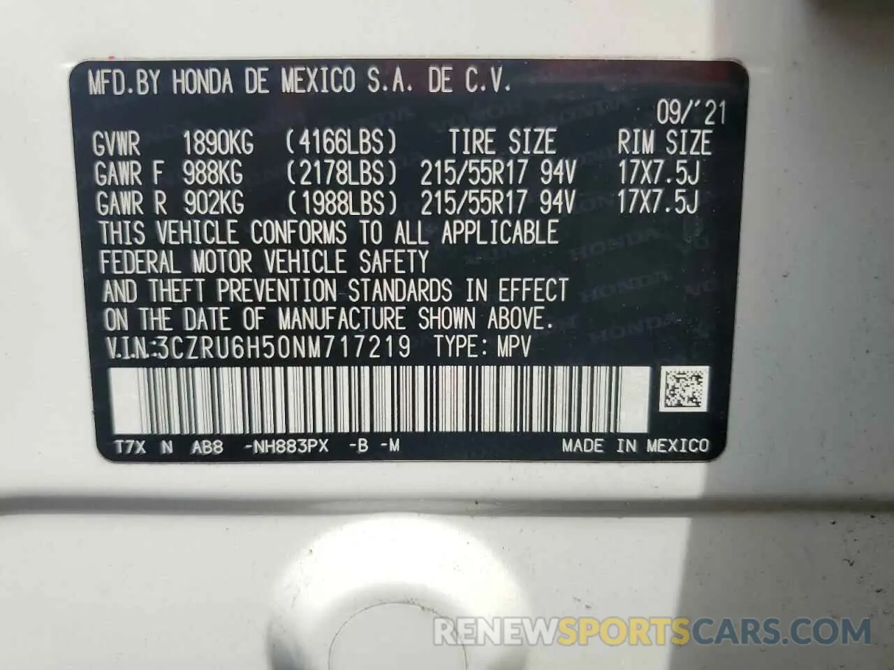 14 Photograph of a damaged car 3CZRU6H50NM717219 HONDA HR-V 2022