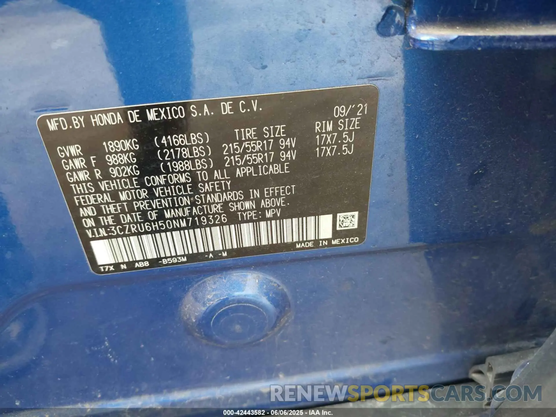 9 Photograph of a damaged car 3CZRU6H50NM719326 HONDA HR-V 2022