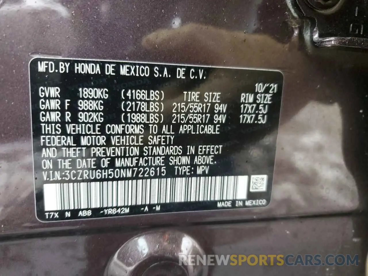 14 Photograph of a damaged car 3CZRU6H50NM722615 HONDA HR-V 2022