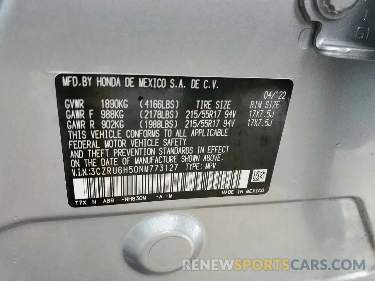 14 Photograph of a damaged car 3CZRU6H50NM773127 HONDA HR-V 2022