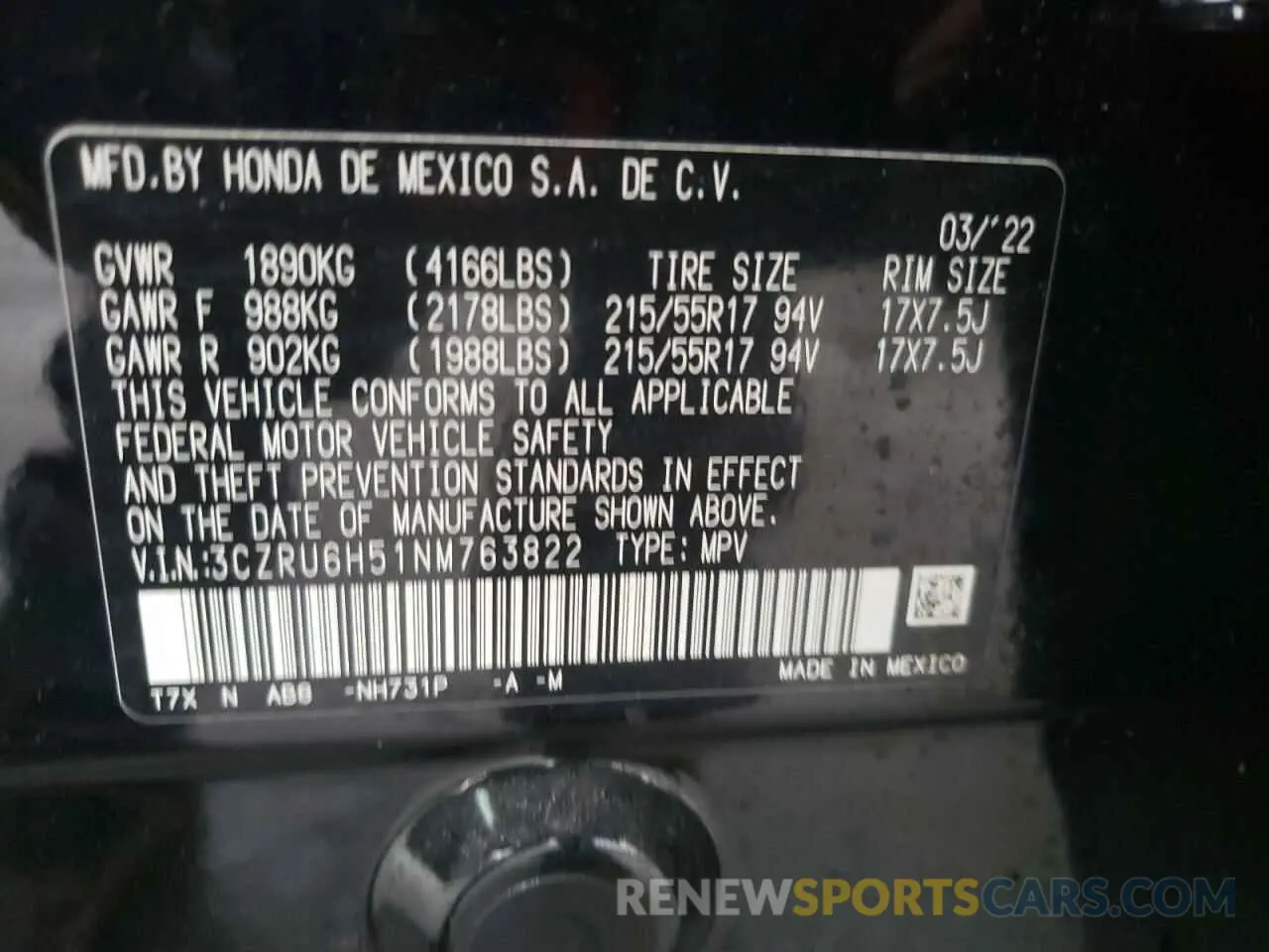 14 Photograph of a damaged car 3CZRU6H51NM763822 HONDA HR-V 2022