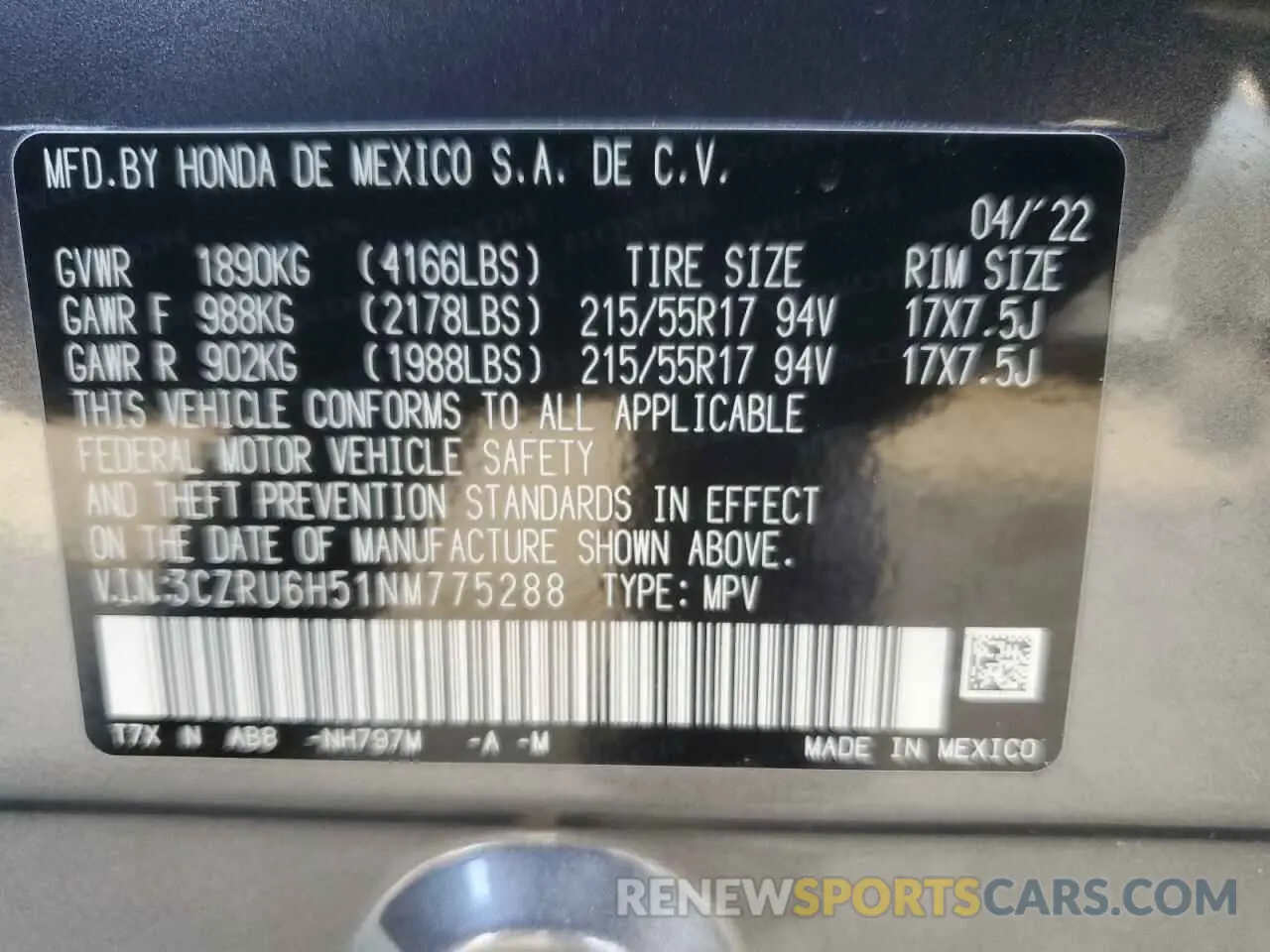 14 Photograph of a damaged car 3CZRU6H51NM775288 HONDA HR-V 2022