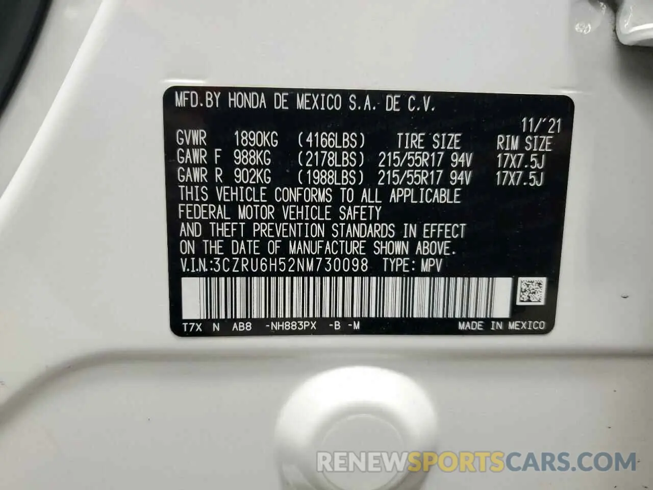 14 Photograph of a damaged car 3CZRU6H52NM730098 HONDA HR-V 2022