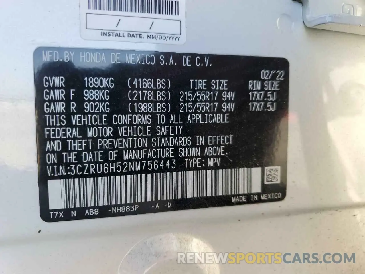 13 Photograph of a damaged car 3CZRU6H52NM756443 HONDA HR-V 2022
