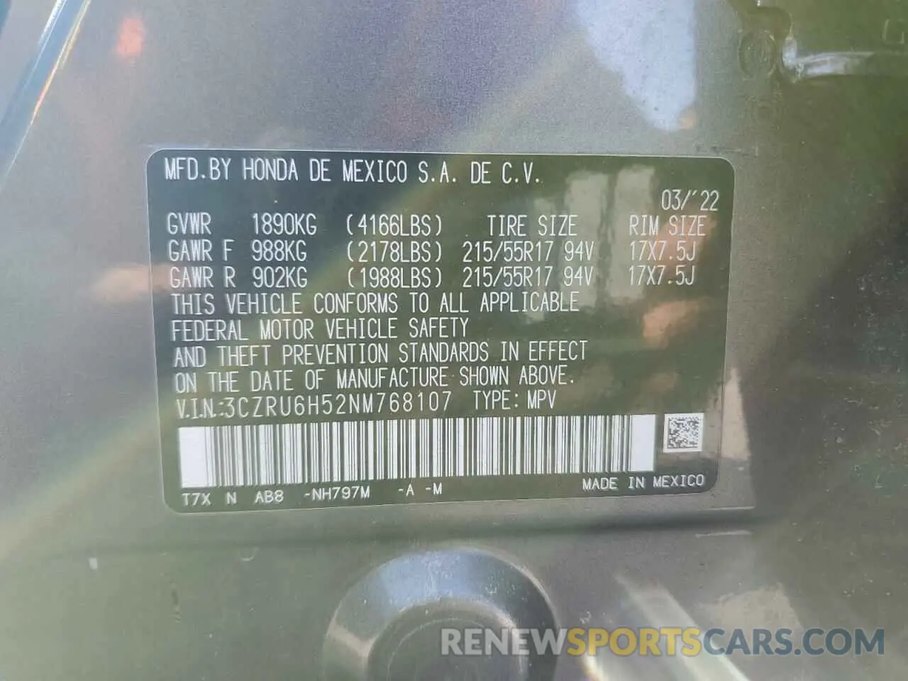 13 Photograph of a damaged car 3CZRU6H52NM768107 HONDA HR-V 2022