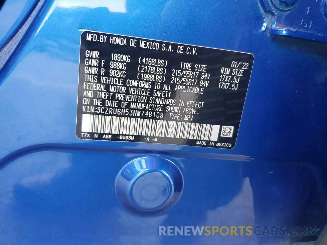 14 Photograph of a damaged car 3CZRU6H53NM748108 HONDA HR-V 2022