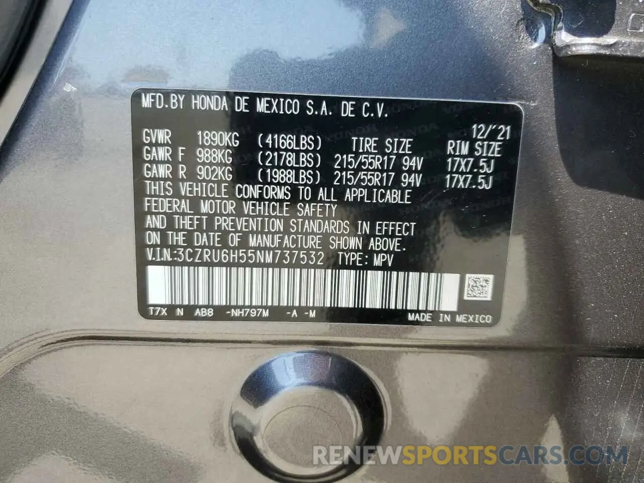 13 Photograph of a damaged car 3CZRU6H55NM737532 HONDA HR-V 2022