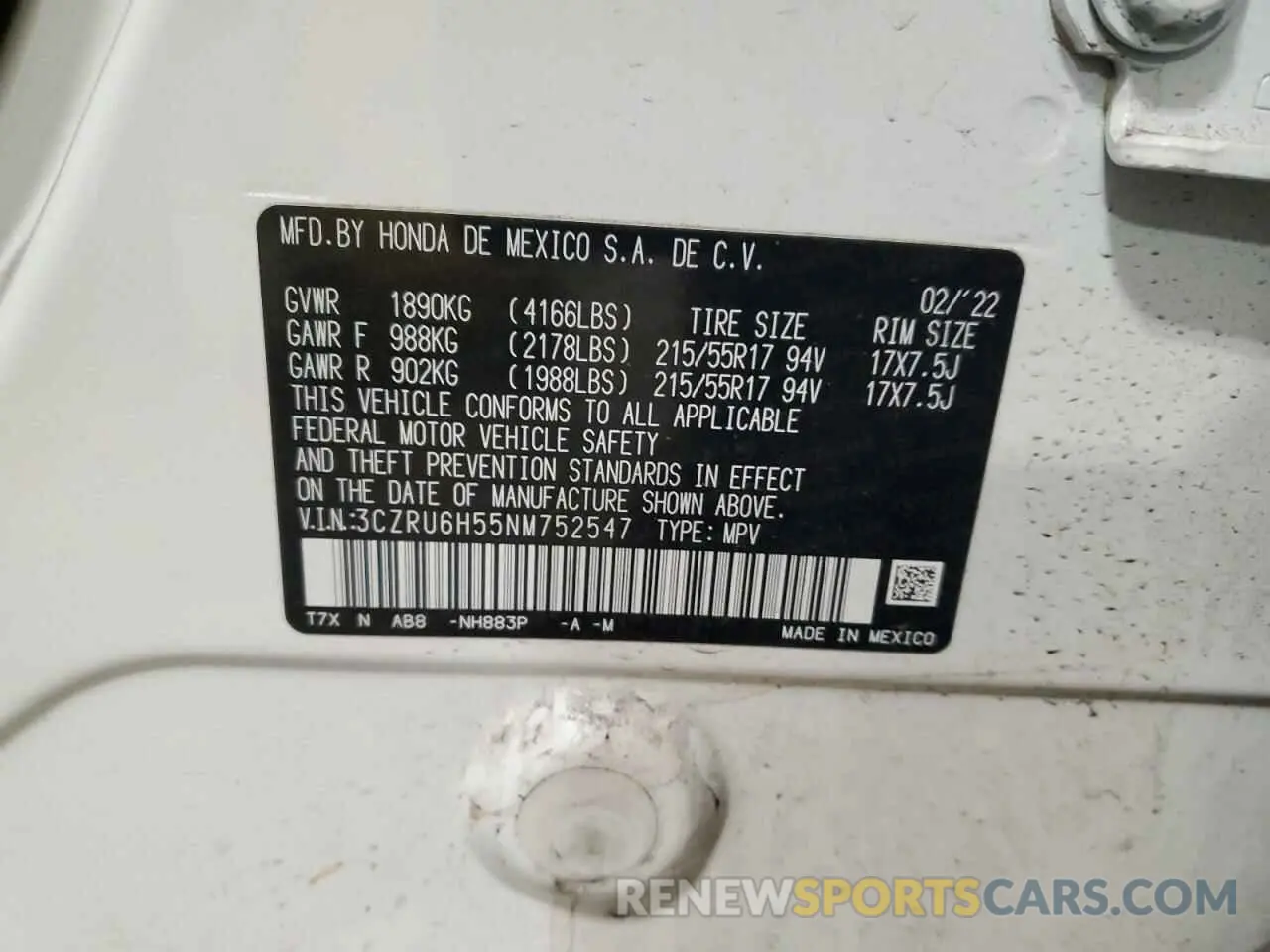 14 Photograph of a damaged car 3CZRU6H55NM752547 HONDA HR-V 2022