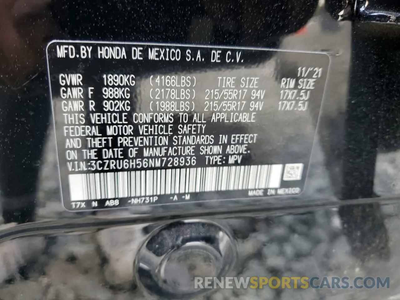 13 Photograph of a damaged car 3CZRU6H56NM728936 HONDA HR-V 2022