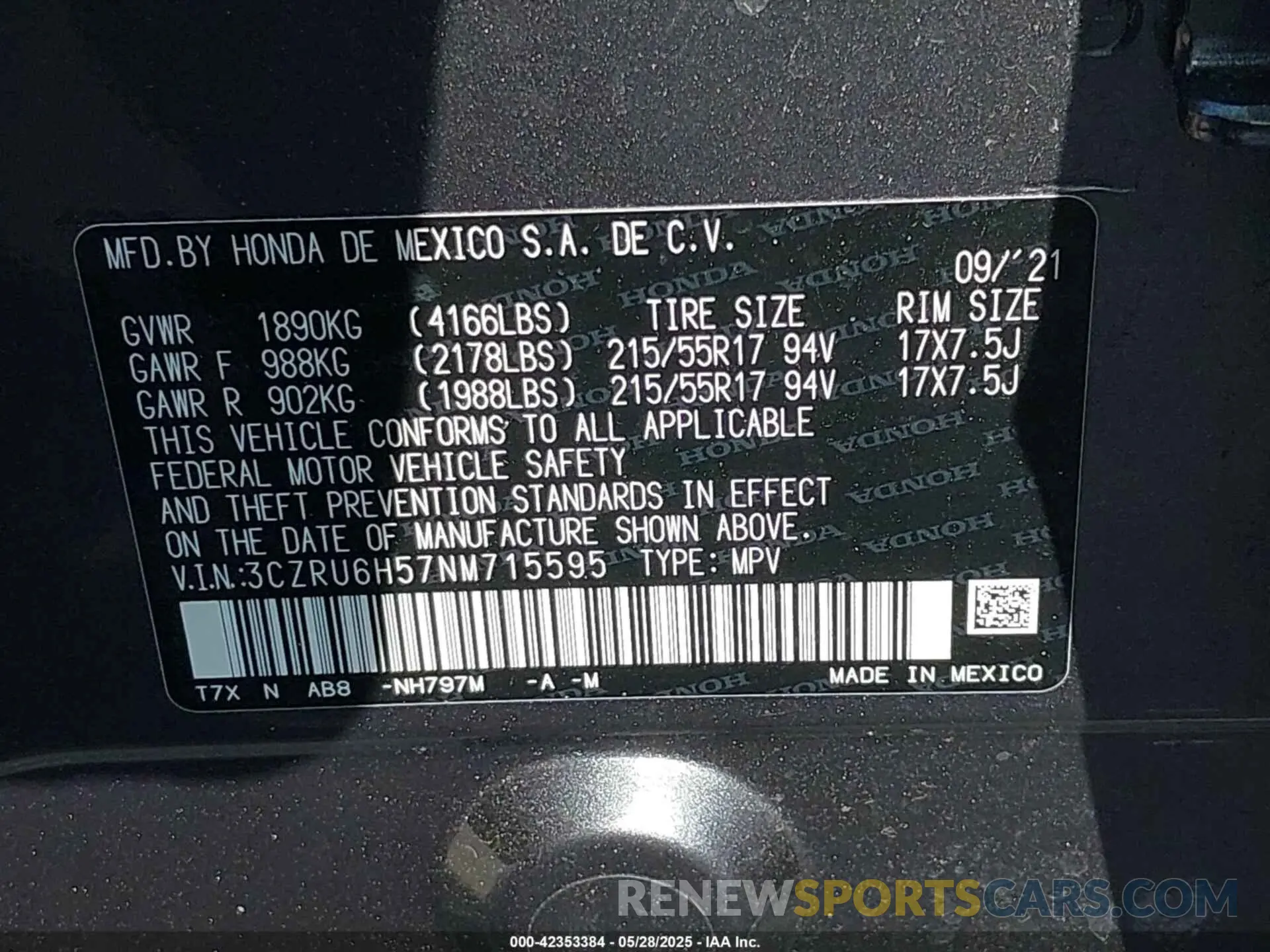 9 Photograph of a damaged car 3CZRU6H57NM715595 HONDA HR-V 2022