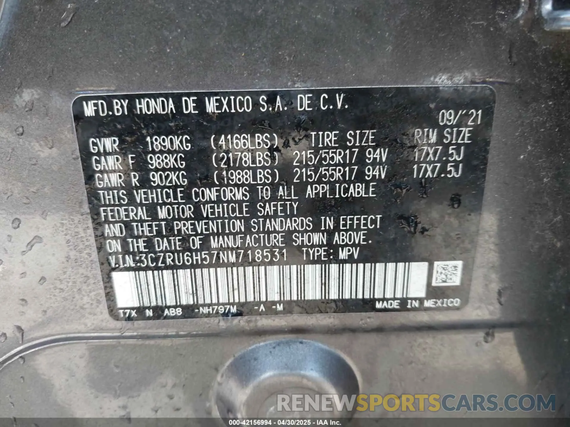 9 Photograph of a damaged car 3CZRU6H57NM718531 HONDA HR-V 2022