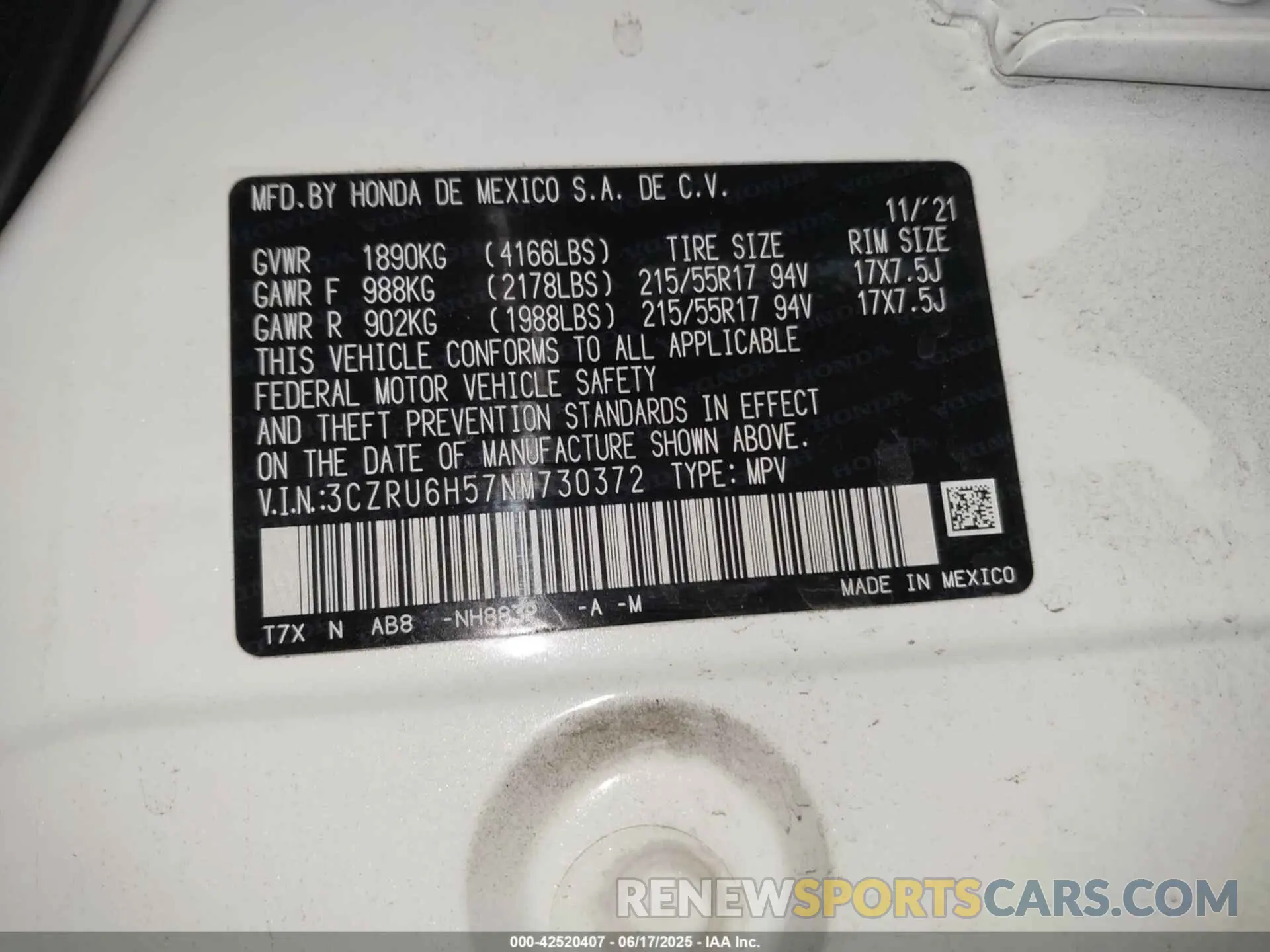 9 Photograph of a damaged car 3CZRU6H57NM730372 HONDA HR-V 2022