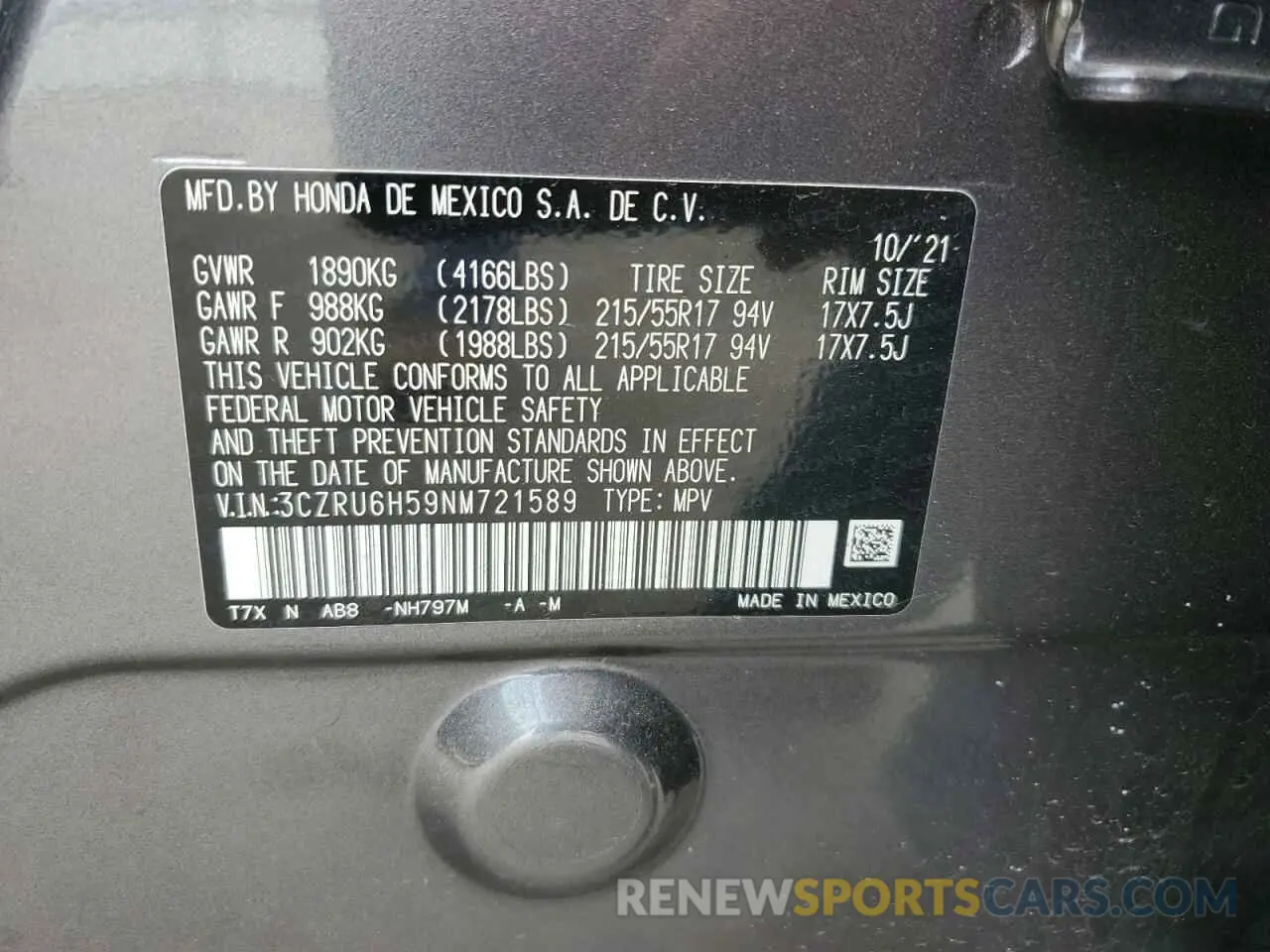 13 Photograph of a damaged car 3CZRU6H59NM721589 HONDA HR-V 2022