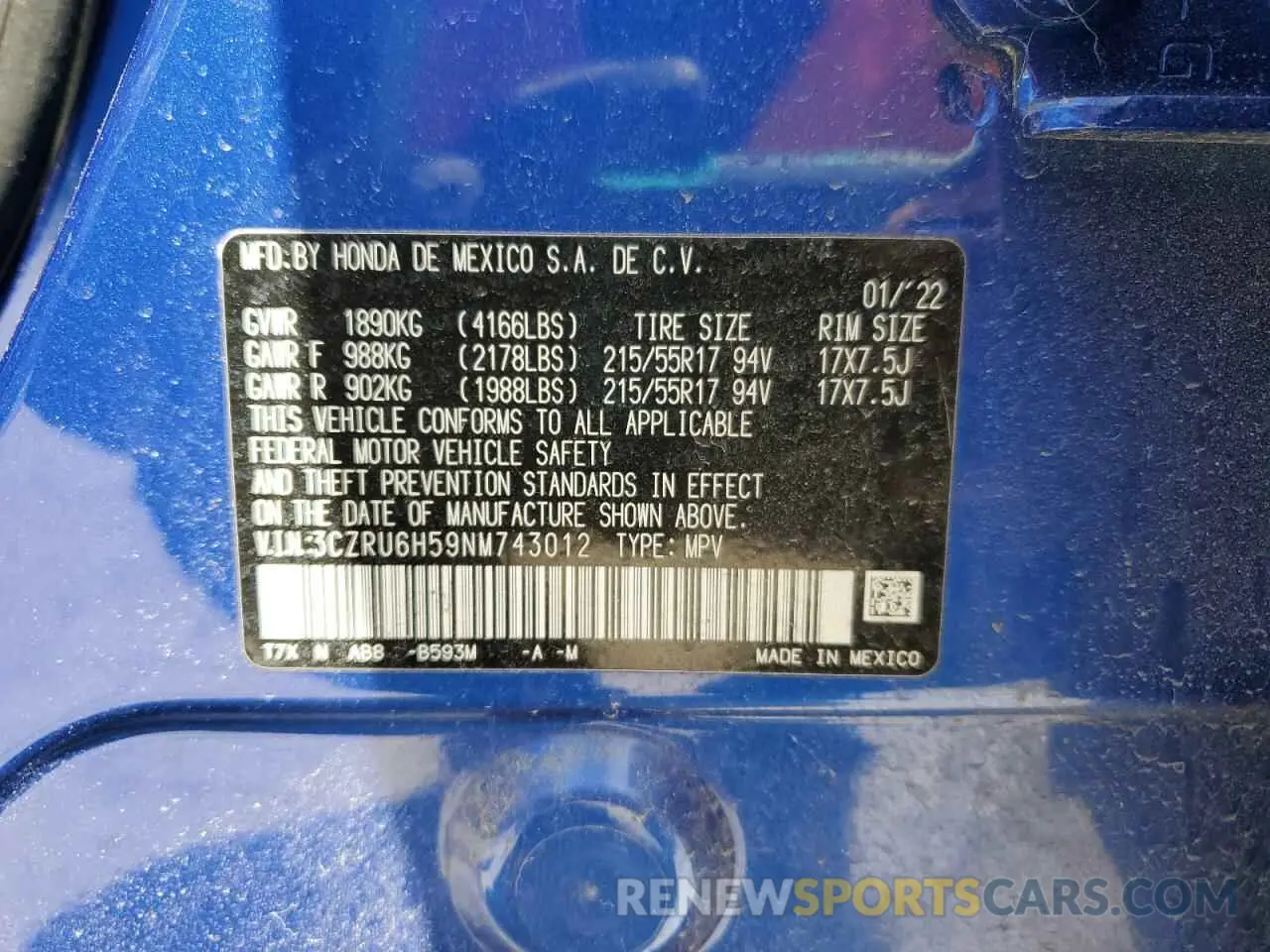 14 Photograph of a damaged car 3CZRU6H59NM743012 HONDA HR-V 2022
