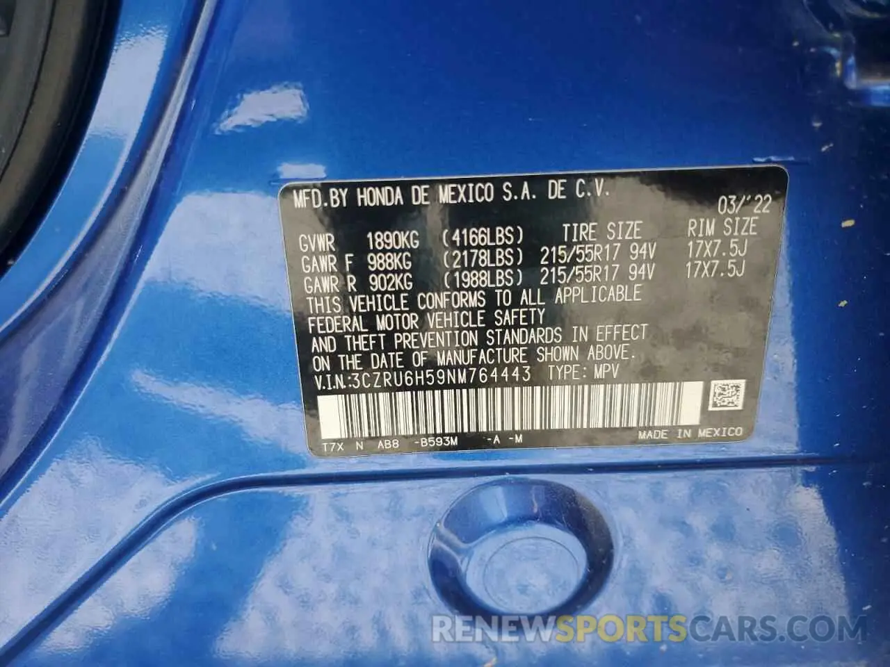 13 Photograph of a damaged car 3CZRU6H59NM764443 HONDA HR-V 2022