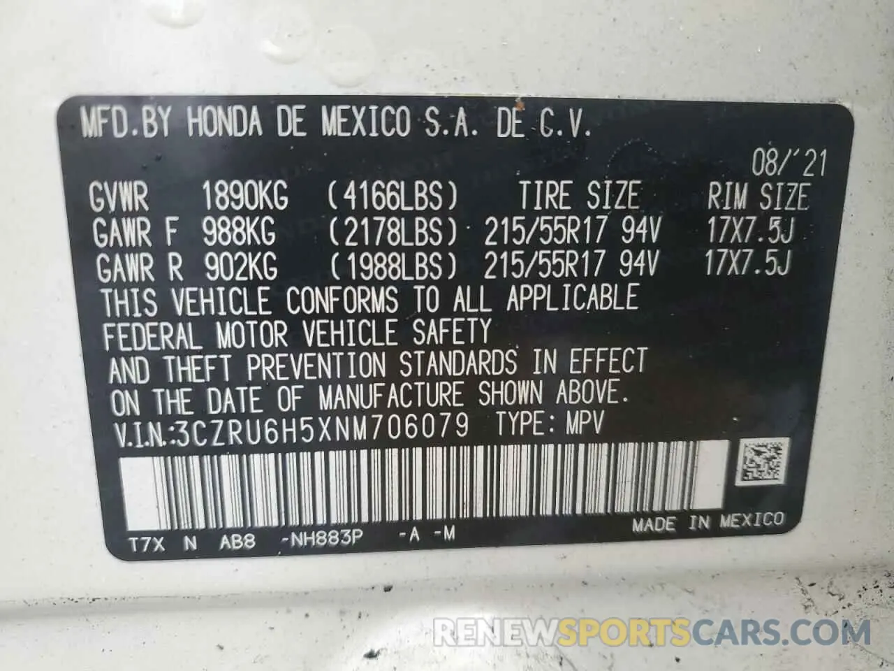 13 Photograph of a damaged car 3CZRU6H5XNM706079 HONDA HR-V 2022