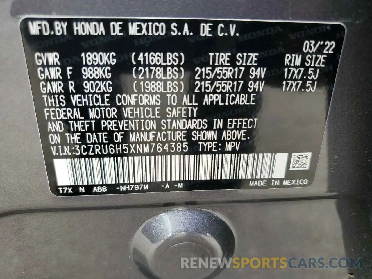 14 Photograph of a damaged car 3CZRU6H5XNM764385 HONDA HR-V 2022