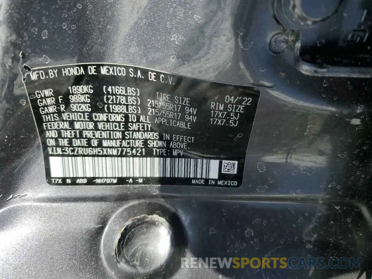 13 Photograph of a damaged car 3CZRU6H5XNM775421 HONDA HR-V 2022