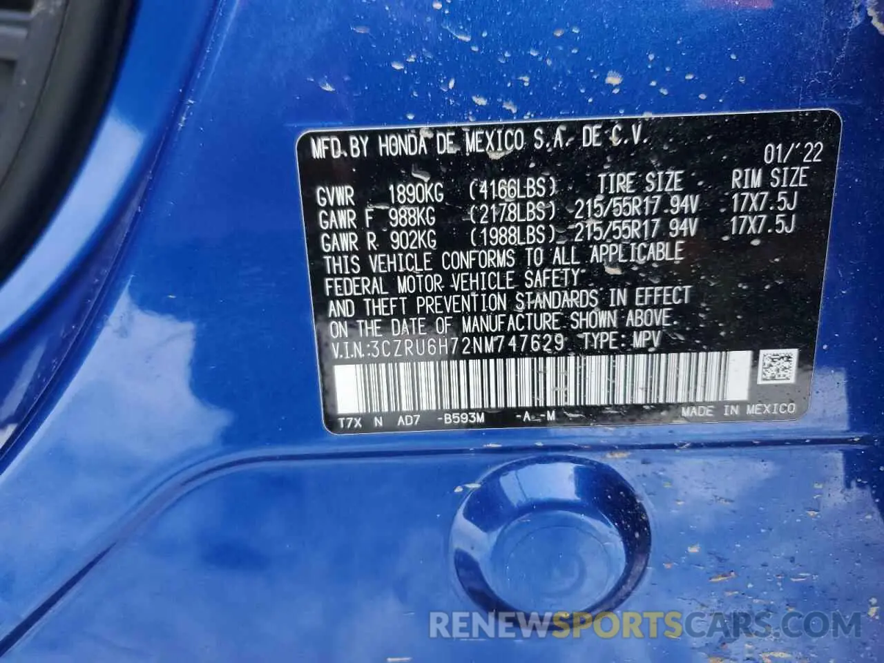 16 Photograph of a damaged car 3CZRU6H72NM747629 HONDA HR-V 2022