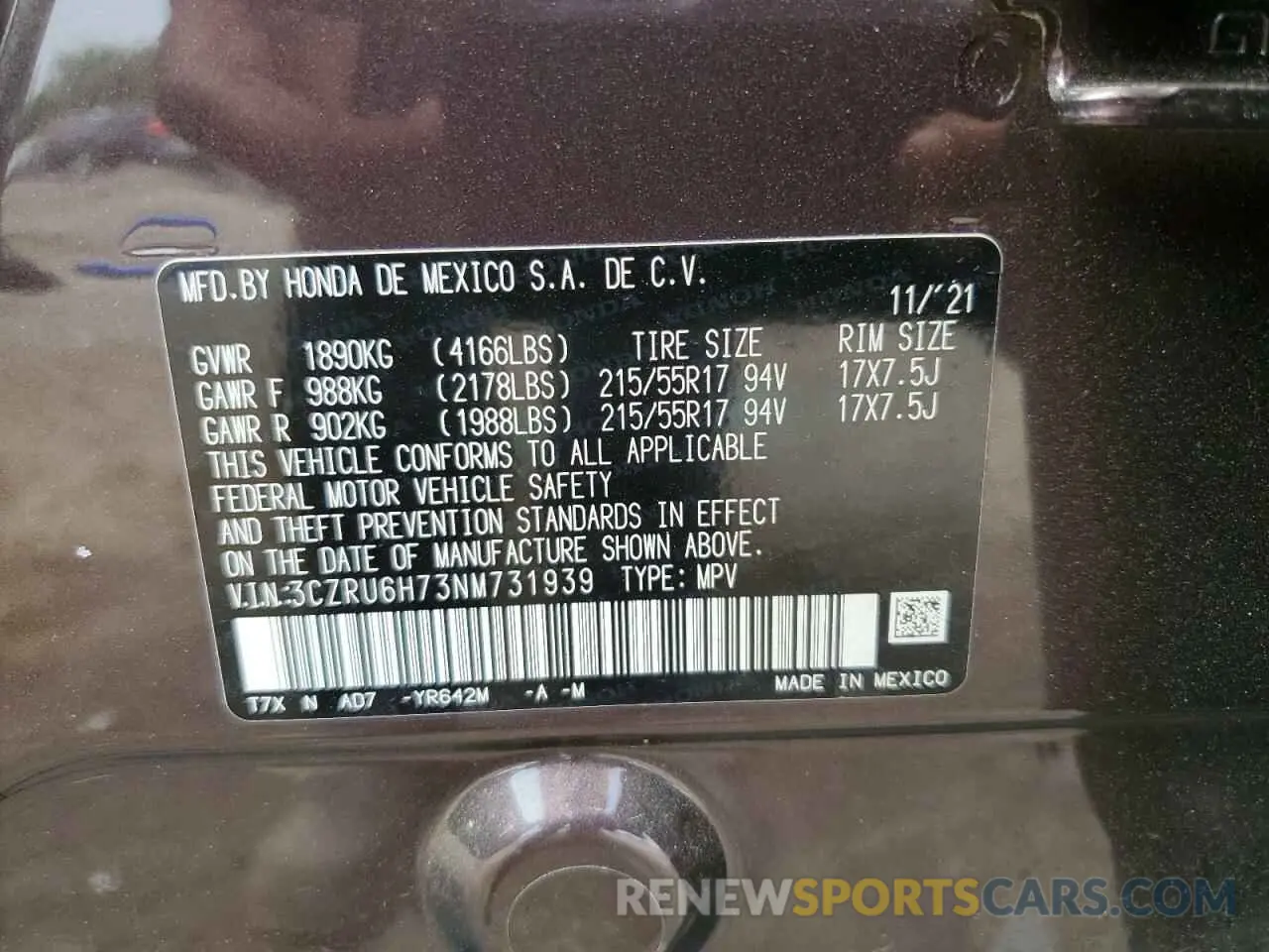 14 Photograph of a damaged car 3CZRU6H73NM731939 HONDA HR-V 2022