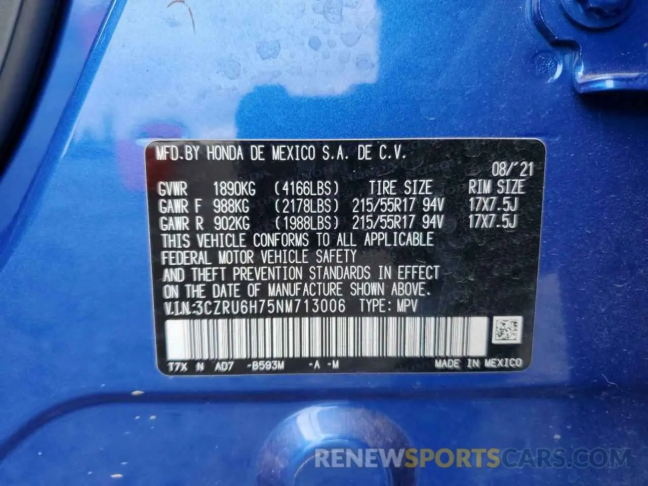 13 Photograph of a damaged car 3CZRU6H75NM713006 HONDA HR-V 2022