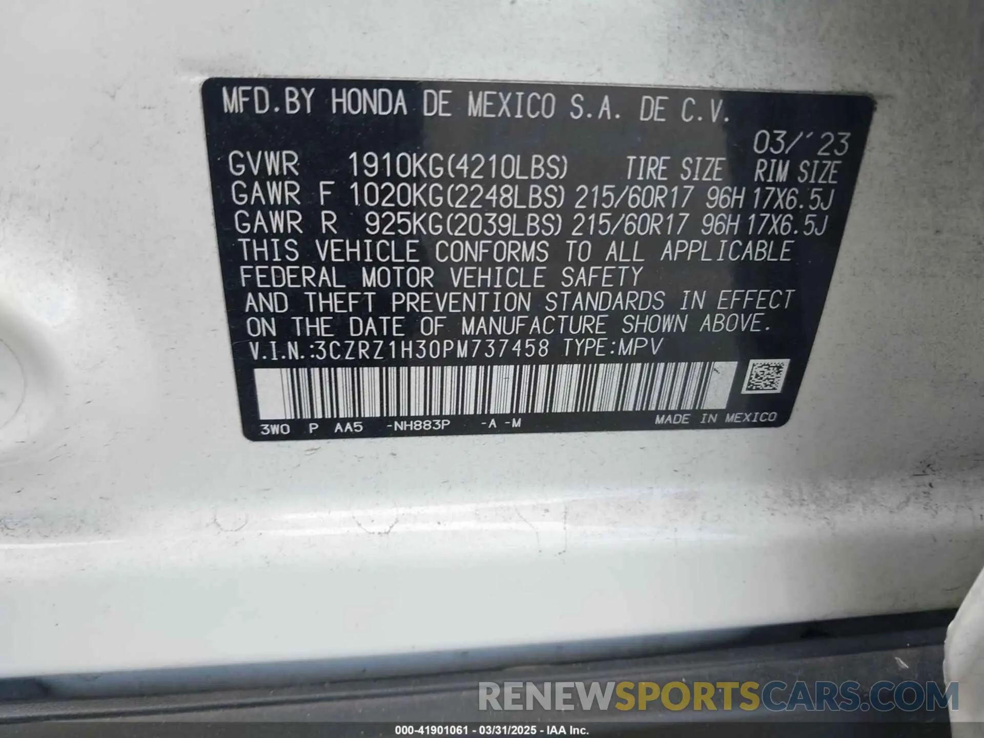 9 Photograph of a damaged car 3CZRZ1H30PM737458 HONDA HR-V 2023