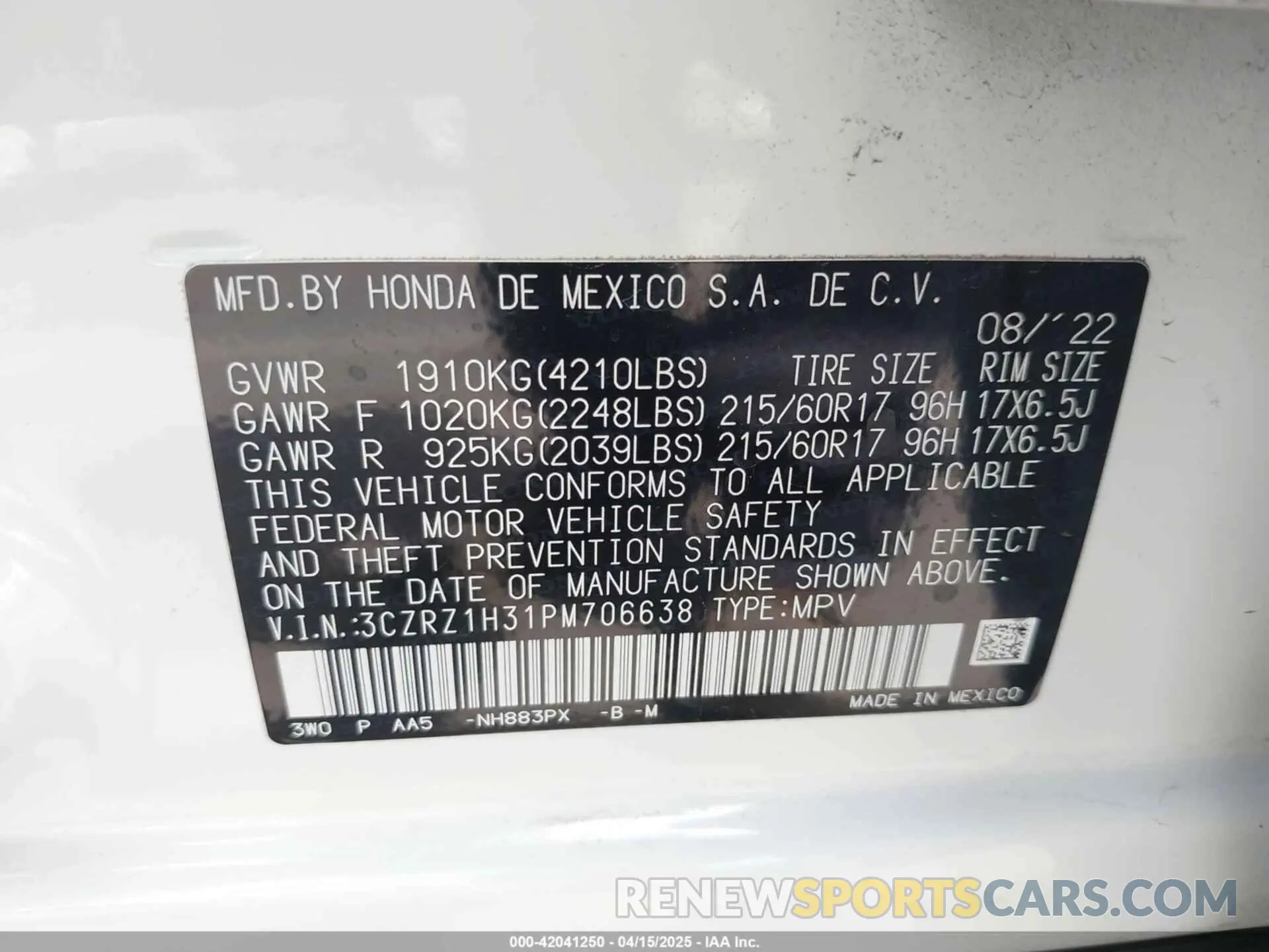 9 Photograph of a damaged car 3CZRZ1H31PM706638 HONDA HR-V 2023