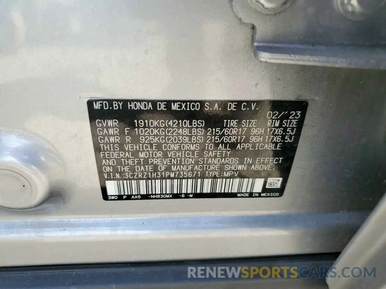 13 Photograph of a damaged car 3CZRZ1H31PM735671 HONDA HR-V 2023