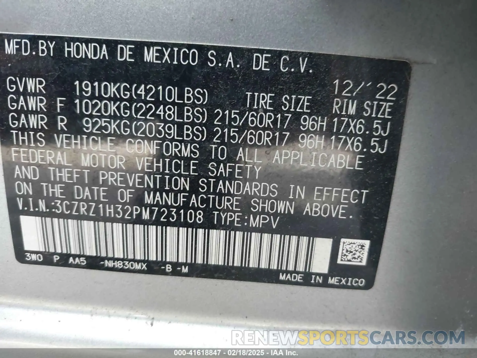 9 Photograph of a damaged car 3CZRZ1H32PM723108 HONDA HR-V 2023