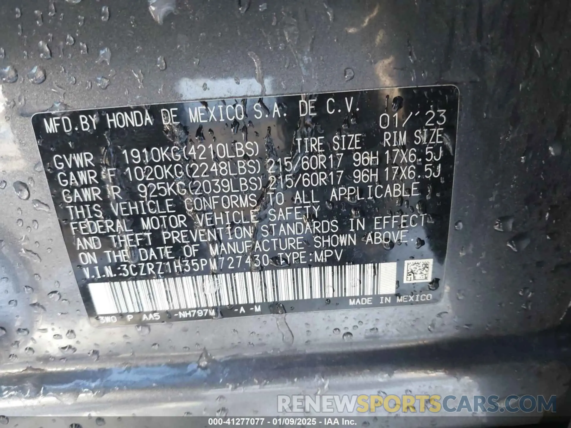 9 Photograph of a damaged car 3CZRZ1H35PM727430 HONDA HR-V 2023
