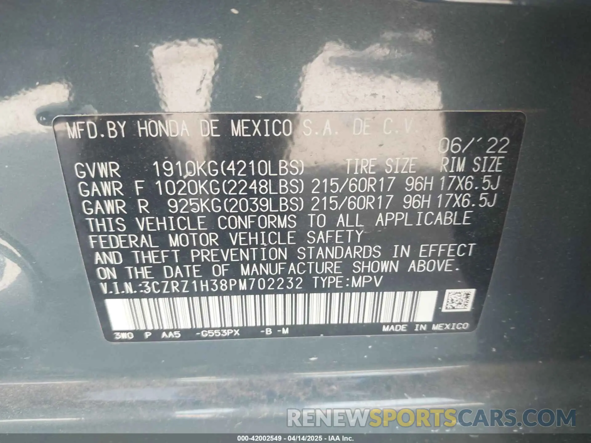 9 Photograph of a damaged car 3CZRZ1H38PM702232 HONDA HR-V 2023