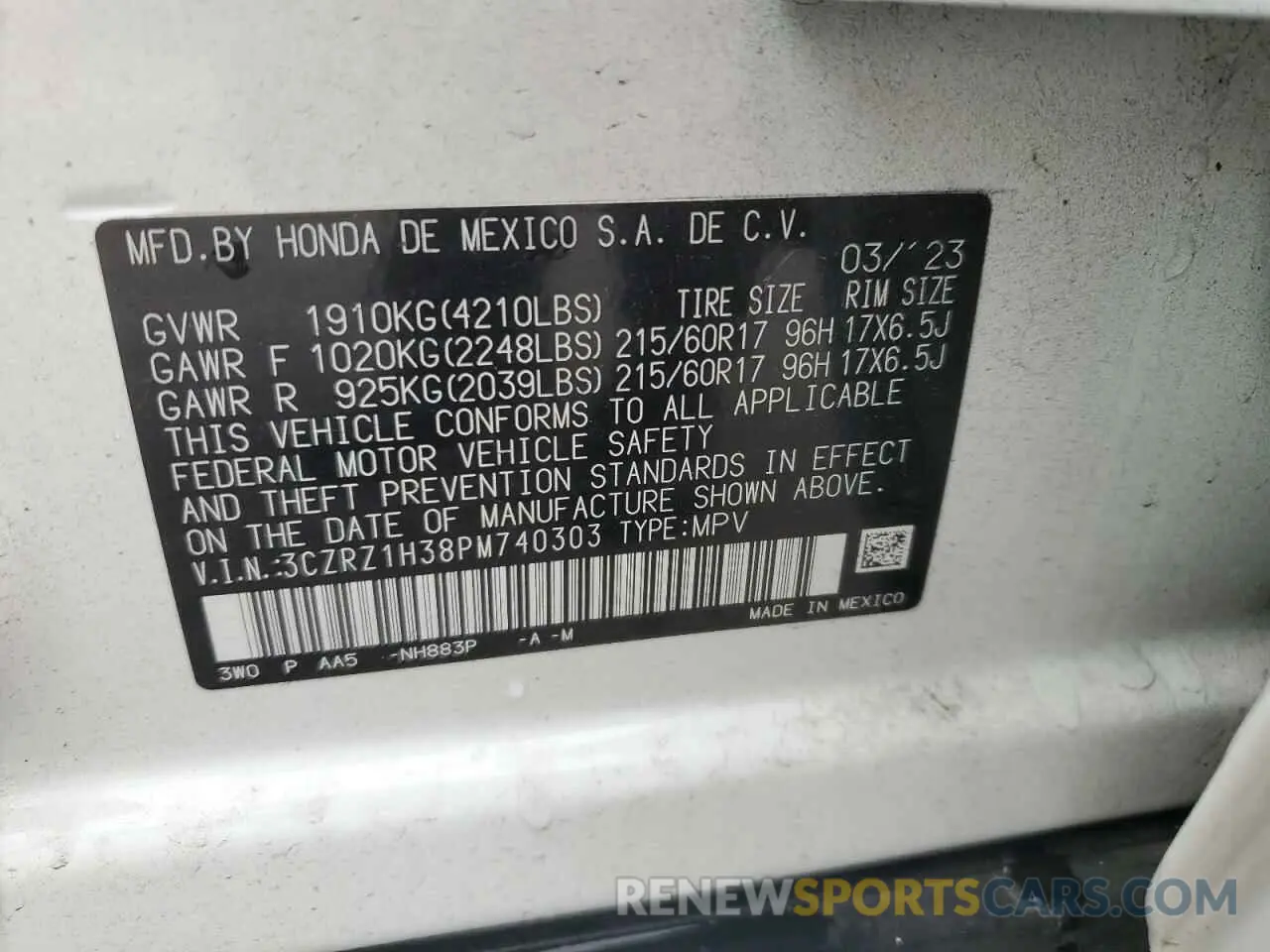 14 Photograph of a damaged car 3CZRZ1H38PM740303 HONDA HR-V 2023