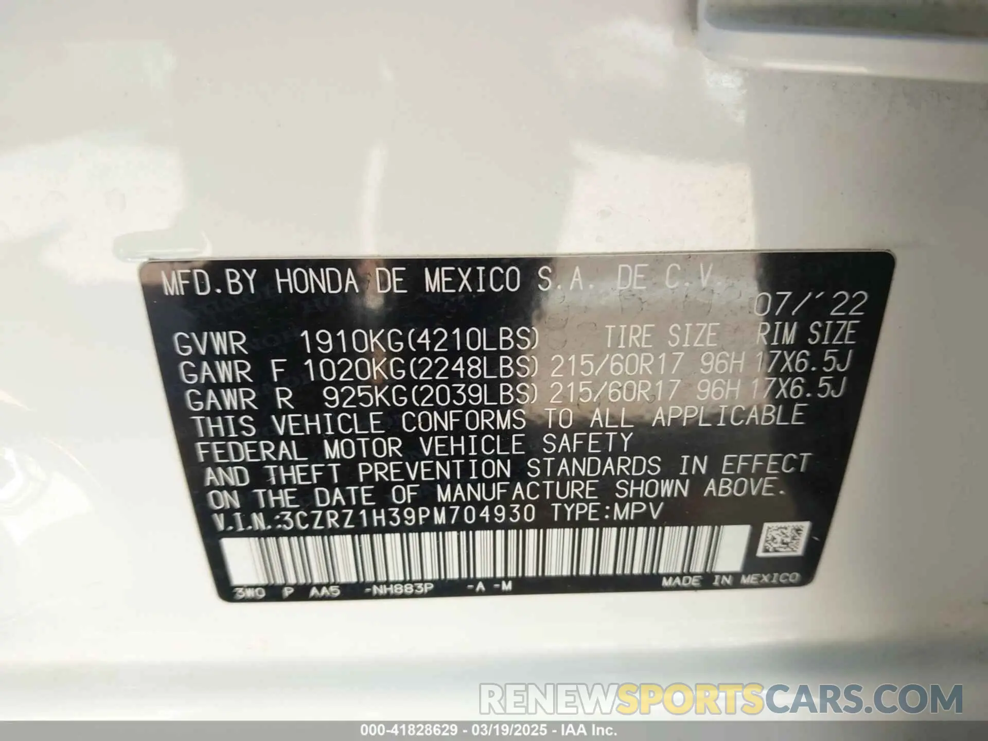 9 Photograph of a damaged car 3CZRZ1H39PM704930 HONDA HR-V 2023