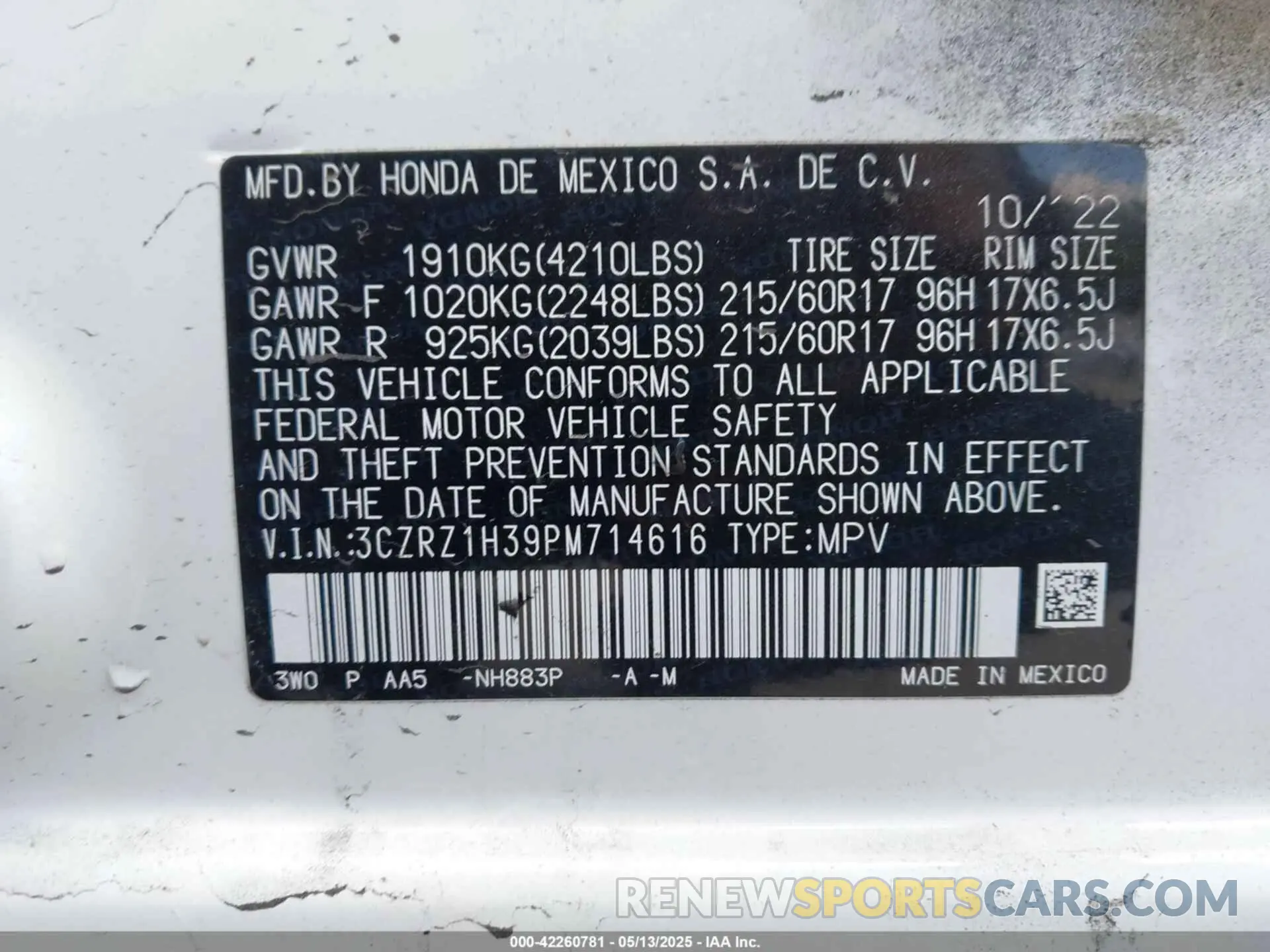 9 Photograph of a damaged car 3CZRZ1H39PM714616 HONDA HR-V 2023