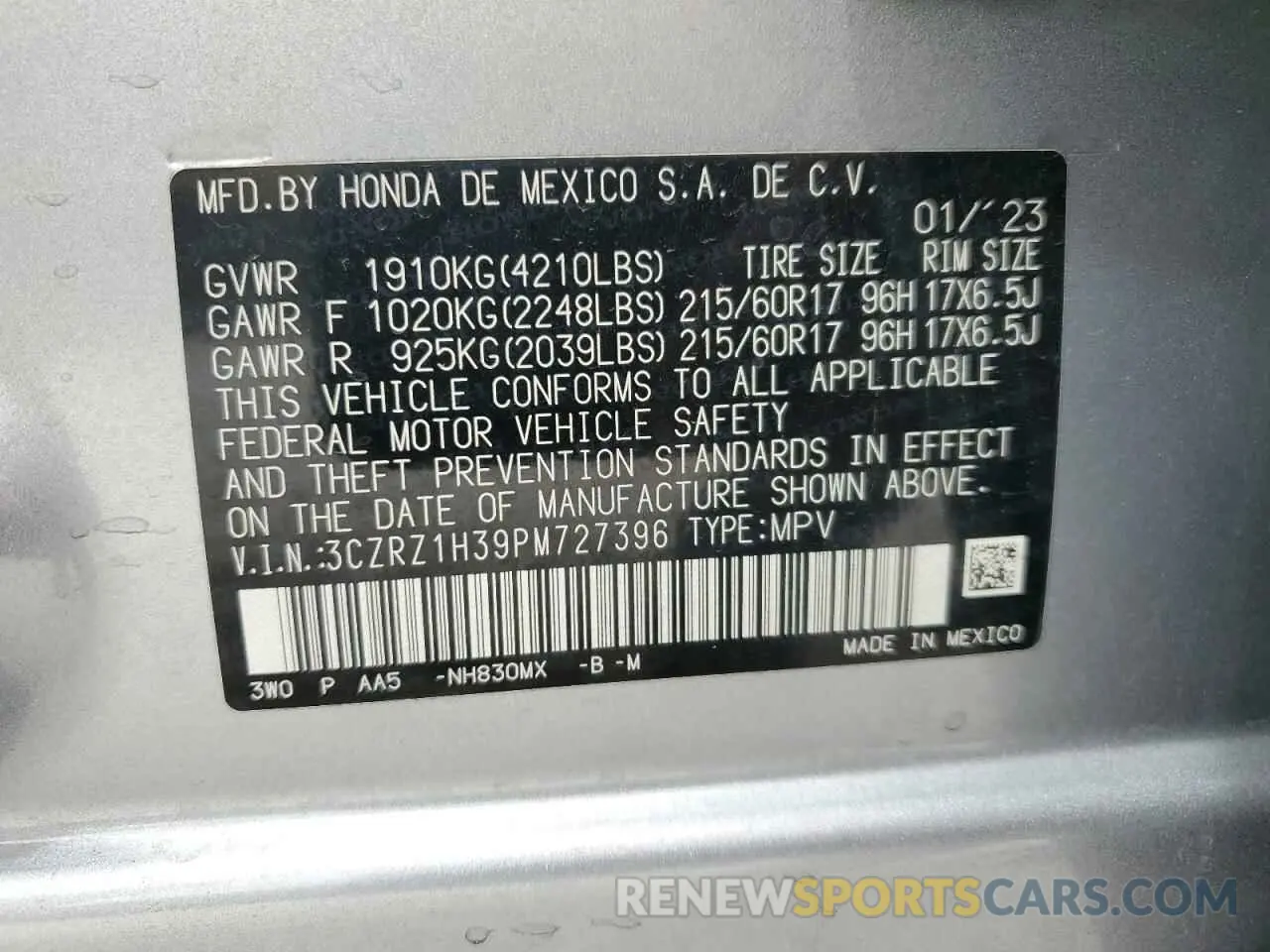 15 Photograph of a damaged car 3CZRZ1H39PM727396 HONDA HR-V 2023