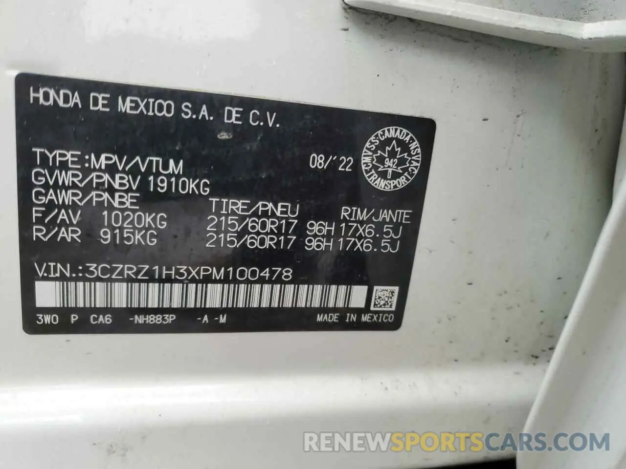 13 Photograph of a damaged car 3CZRZ1H3XPM100478 HONDA HR-V 2023