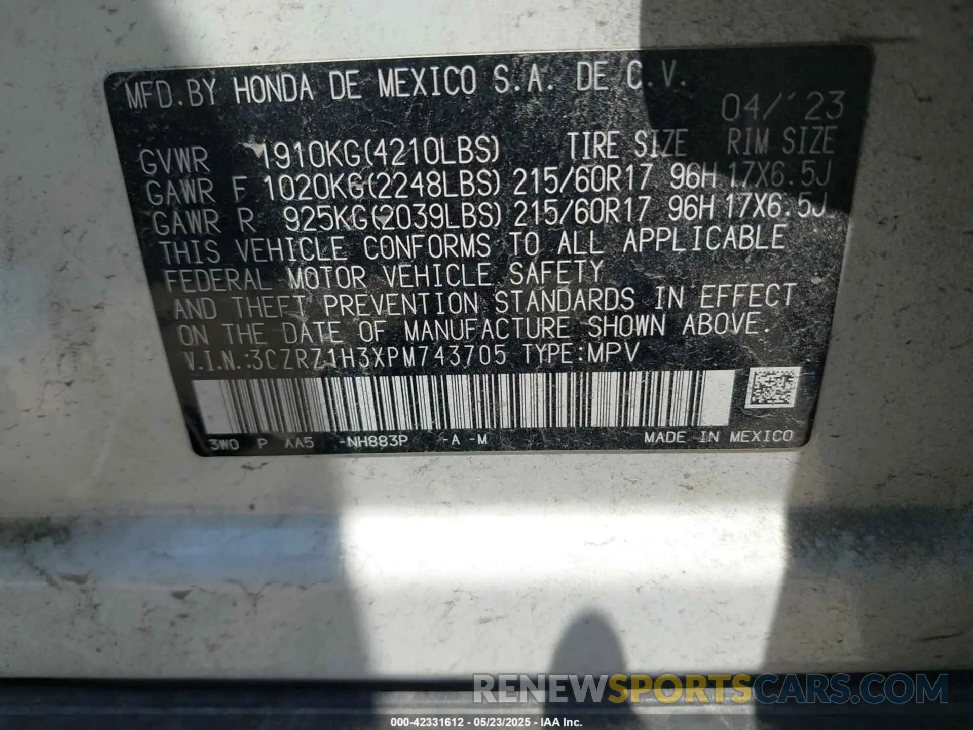 9 Photograph of a damaged car 3CZRZ1H3XPM743705 HONDA HR-V 2023