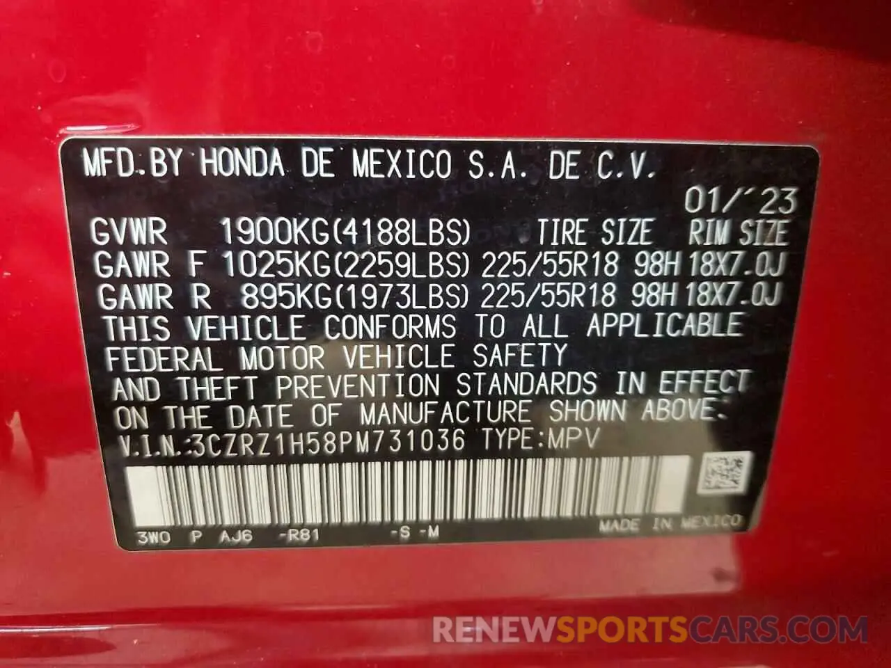 16 Photograph of a damaged car 3CZRZ1H58PM731036 HONDA HR-V 2023