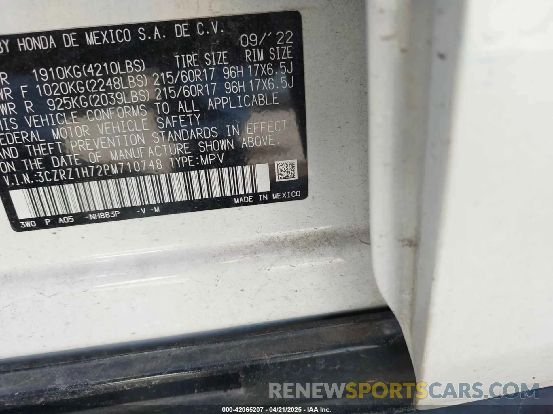 9 Photograph of a damaged car 3CZRZ1H72PM710748 HONDA HR-V 2023
