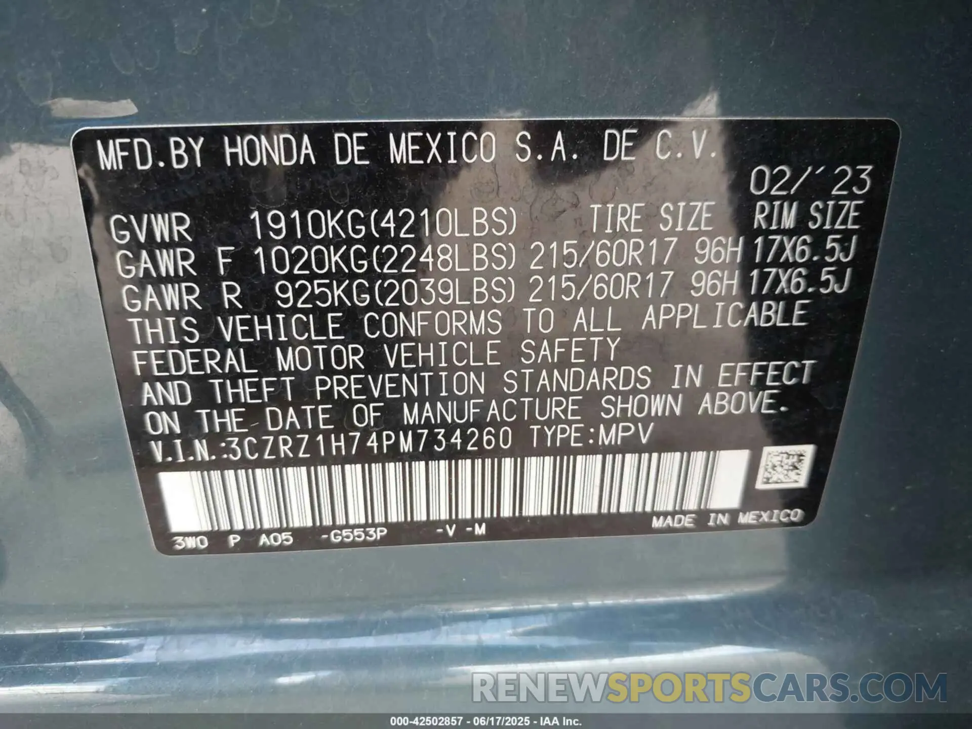 9 Photograph of a damaged car 3CZRZ1H74PM734260 HONDA HR-V 2023