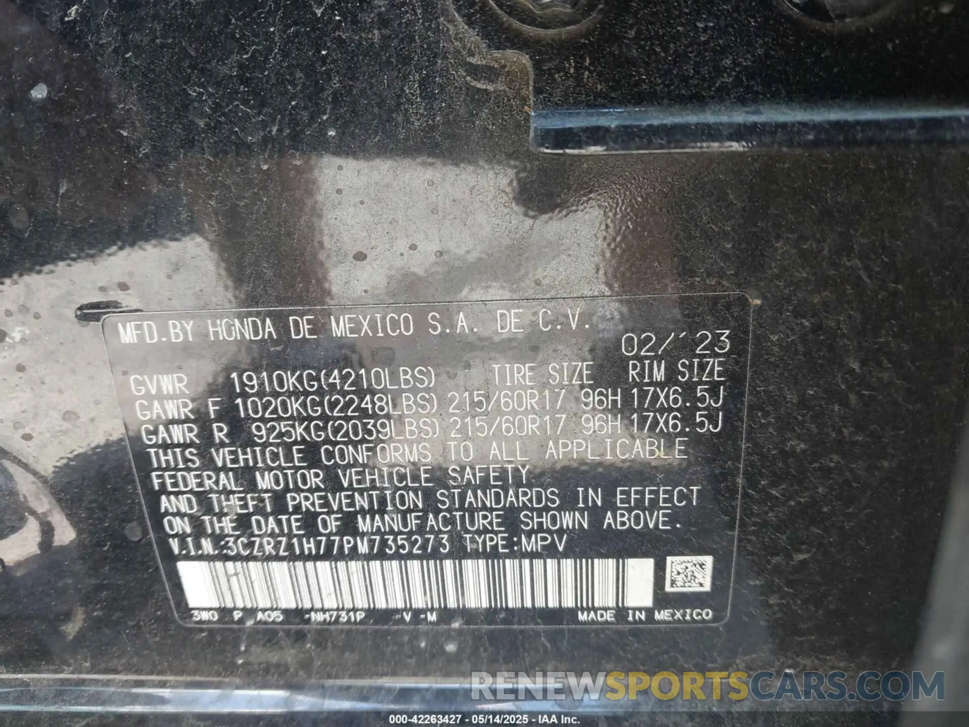 9 Photograph of a damaged car 3CZRZ1H77PM735273 HONDA HR-V 2023