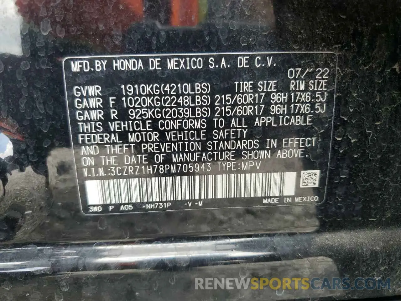 13 Photograph of a damaged car 3CZRZ1H78PM705943 HONDA HR-V 2023