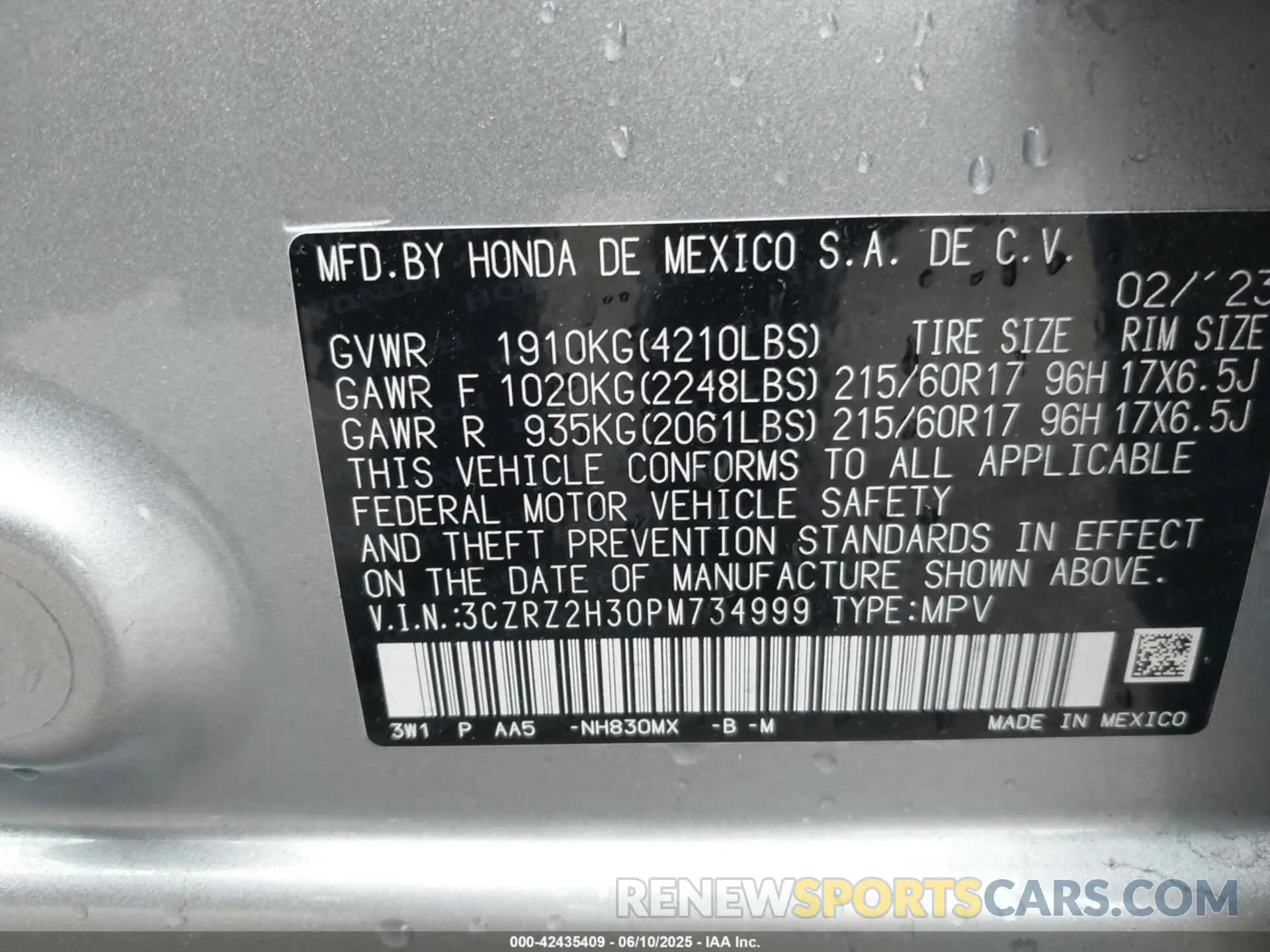 9 Photograph of a damaged car 3CZRZ2H30PM734999 HONDA HR-V 2023