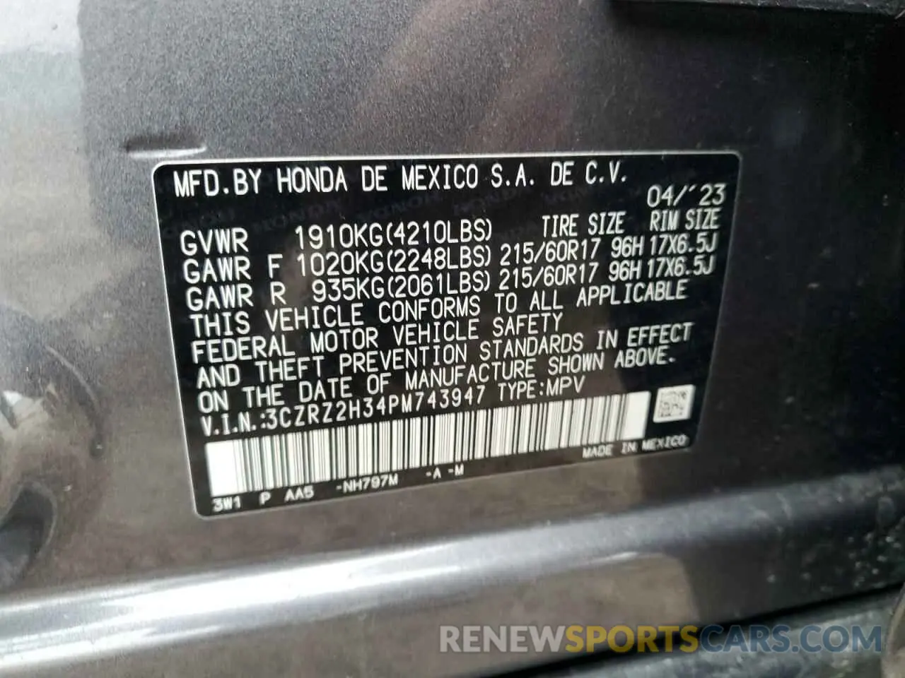 12 Photograph of a damaged car 3CZRZ2H34PM743947 HONDA HR-V 2023