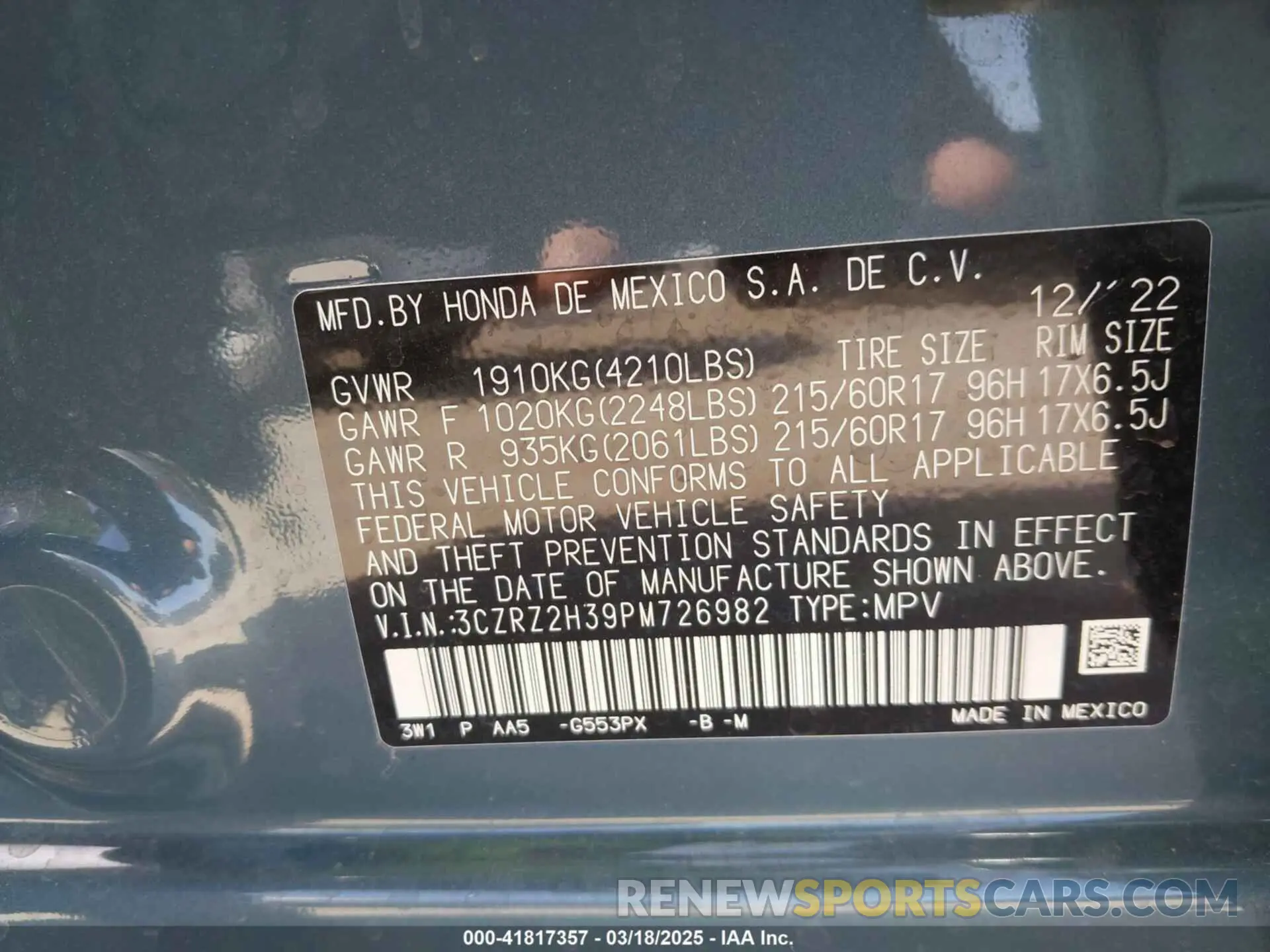 9 Photograph of a damaged car 3CZRZ2H39PM726982 HONDA HR-V 2023