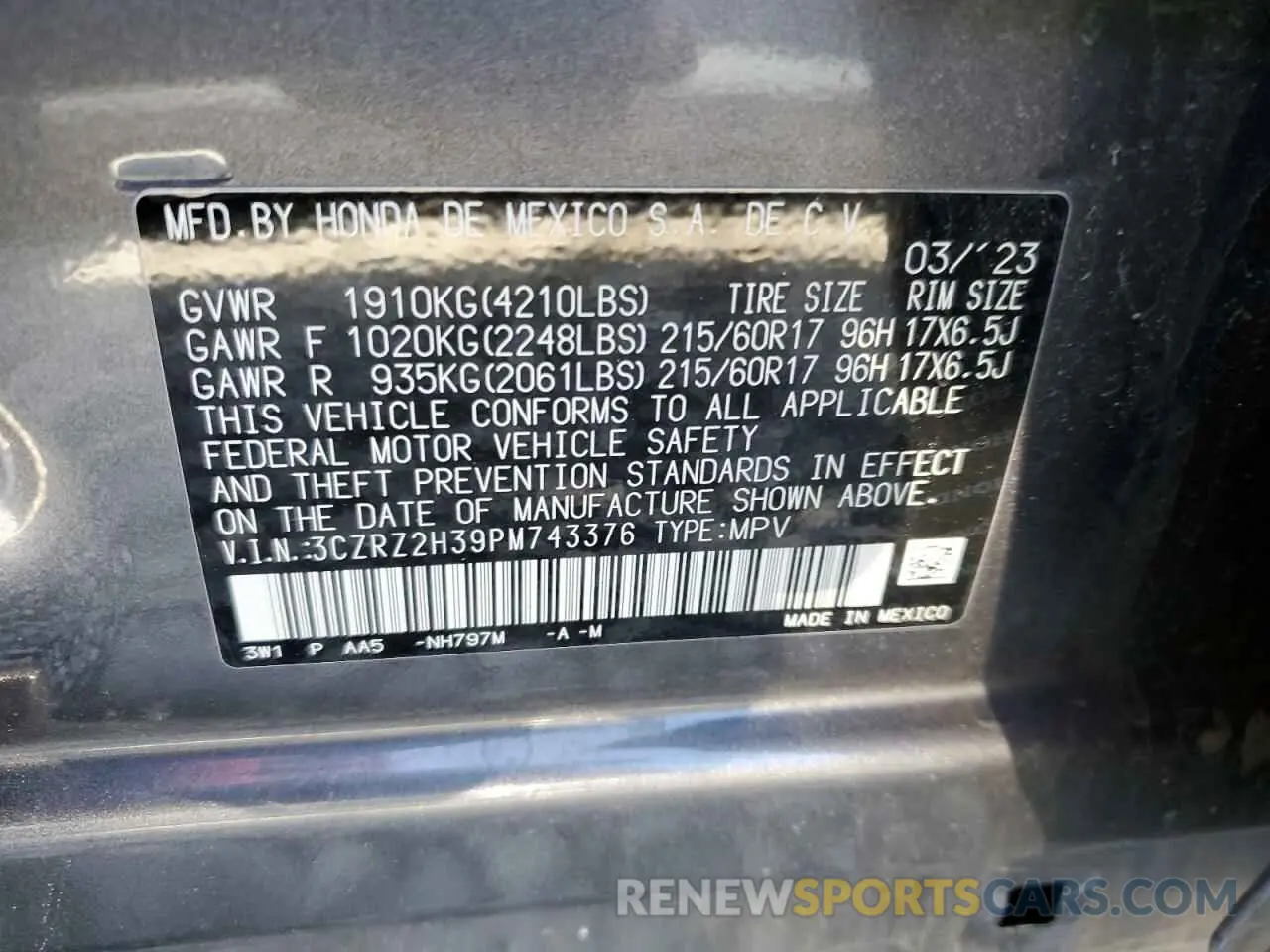 14 Photograph of a damaged car 3CZRZ2H39PM743376 HONDA HR-V 2023